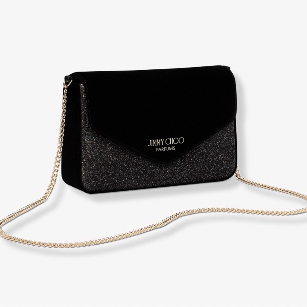 Jimmy Choo Black Suede like & Glitter Clutch with Gold Chain NWT FINAL